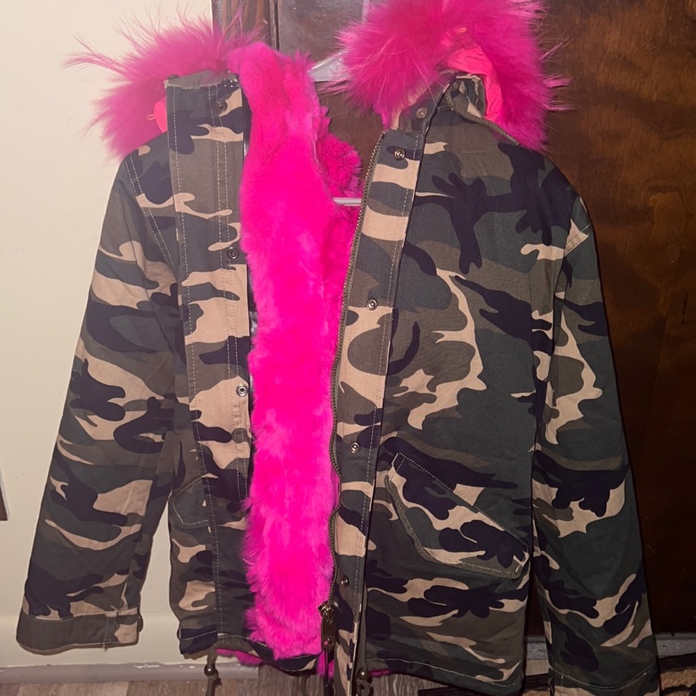 Camouflage/Hot pink rabbit fur parka